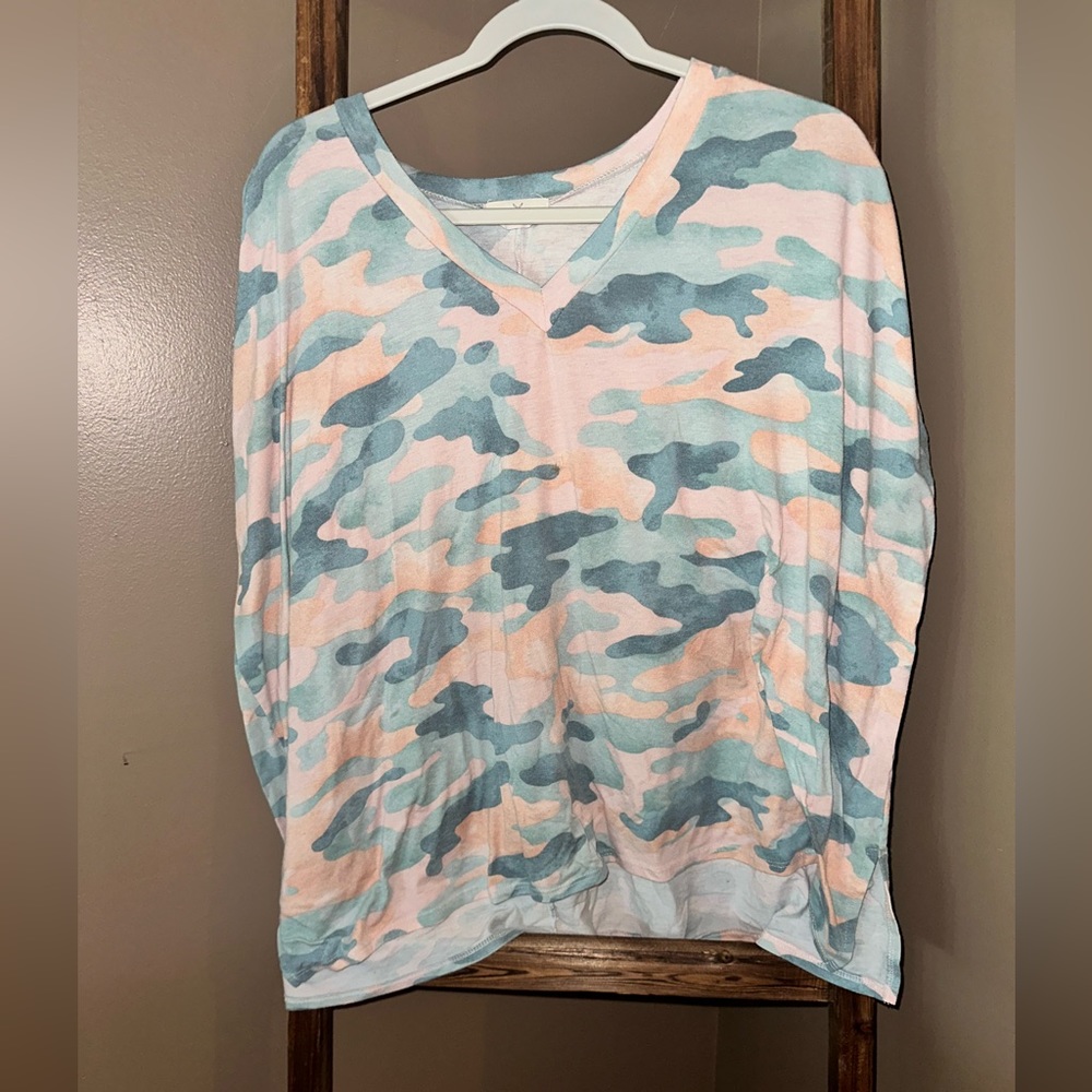 multicolored camo top
